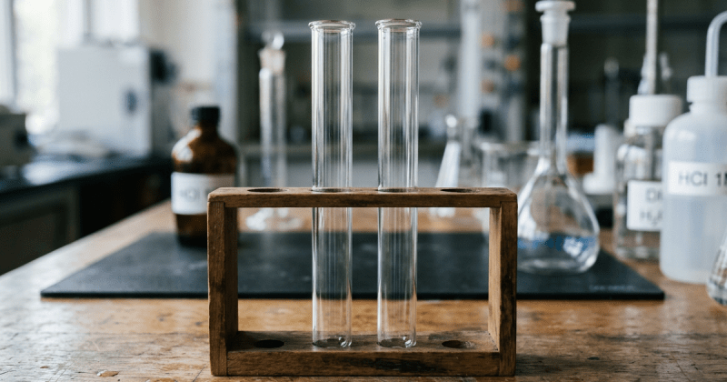 Two empty glass test tubes in a wooden test tube rack on a wooden laboratory bench.