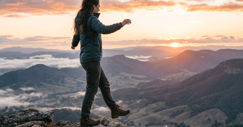 Person standing on rocky mountain edge at sunset overlooking valleys