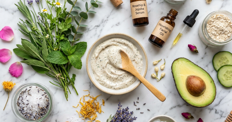 Various natural skincare ingredients including herbs, avocado, oils, and creams arranged on marble